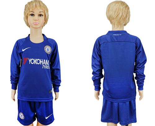 Chelsea Blank Home Long Sleeves Kid Soccer Club Jersey - Click Image to Close